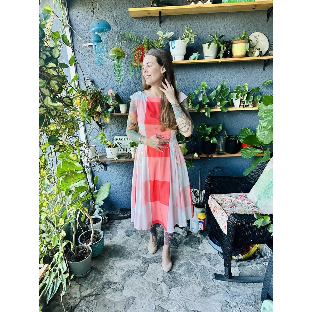 Retro Style Peach/White Gingham Sleeveless Midi Dress 6
